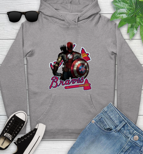 MLB Captain America Thor Spider Man Hawkeye Avengers Endgame Baseball Atlanta Braves Youth Hoodie 6