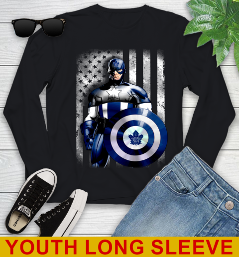 Toronto Maple Leafs NHL Hockey Captain America Marvel Avengers American Flag Shirt Youth Long Sleeve