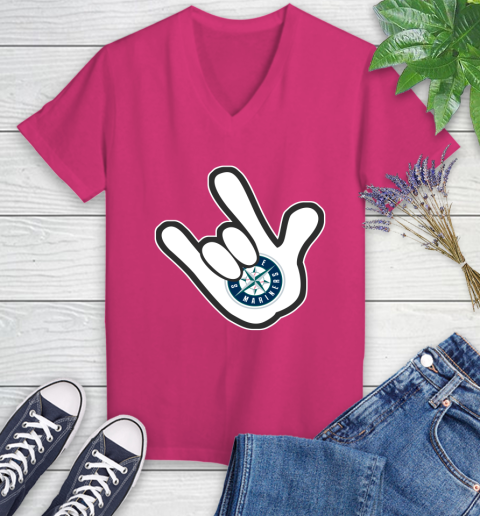 Seattle Mariners MLB Baseball Mickey Rock Hand Disney Women's V-Neck T-Shirt 9