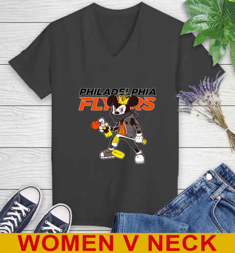 Philadelphia Flyers NHL Hockey Mickey Peace Sign Sports Women's V-Neck T-Shirt 9