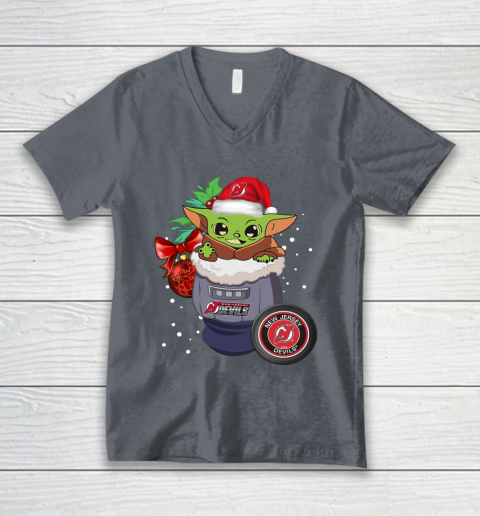 New Jersey Devils Christmas Baby Yoda Star Wars Funny Happy NHL V-Neck T-Shirt 5