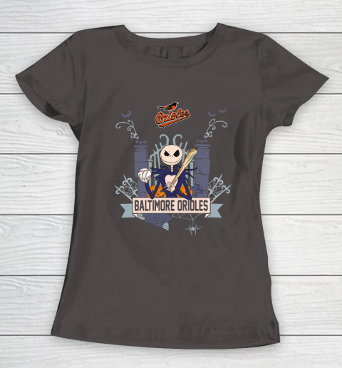 MLB Baltimore Orioles Baseball Jack Skellington Halloween Women's T-Shirt 7