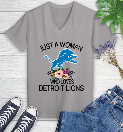 NFL Just A Woman Who Loves Detroit Lions Football Sports Women's V-Neck T-Shirt 2