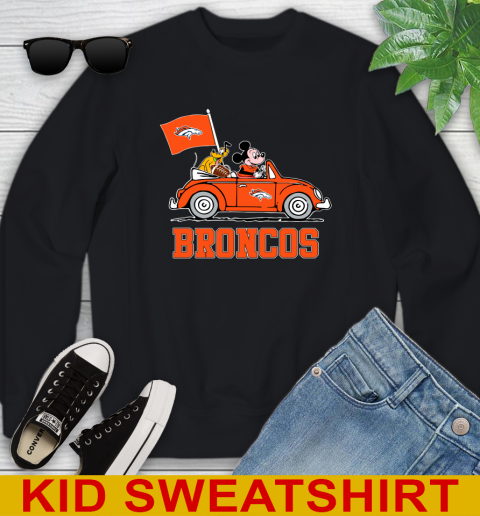 NFL Football Denver Broncos Pluto Mickey Driving Disney Shirt Youth Sweatshirt - Image 3