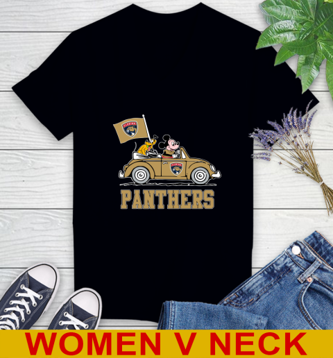 NHL Hockey Florida Panthers Pluto Mickey Driving Disney Shirt Women's V-Neck T-Shirt 2