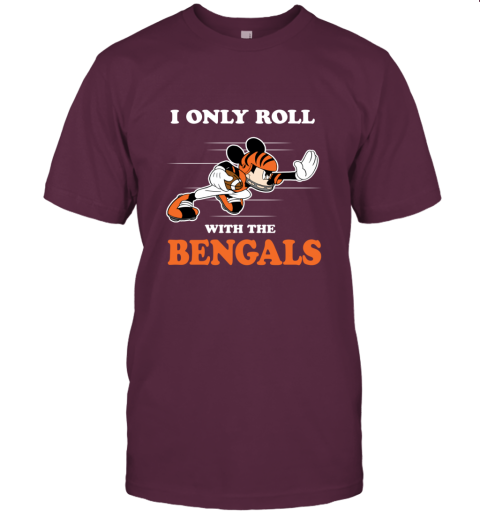 NFL Mickey Mouse I Only Roll With Cincinnati Bengals raww nfl mickey mouse i only roll with cincinnati benga classic t shirt 2 front maroon
