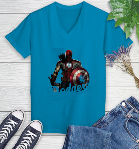 MLB Captain America Thor Spider Man Hawkeye Avengers Endgame Baseball Los Angeles Dodgers Women's V-Neck T-Shirt 7