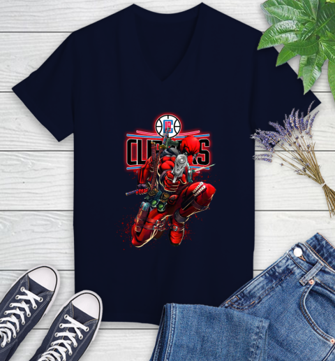 NBA Deadpool Marvel Comics Sports Basketball LA Clippers Women's V-Neck T-Shirt 3