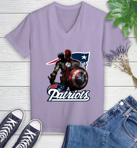 NFL Captain America Thor Spider Man Hawkeye Avengers Endgame Football New England Patriots Women's V-Neck T-Shirt 14