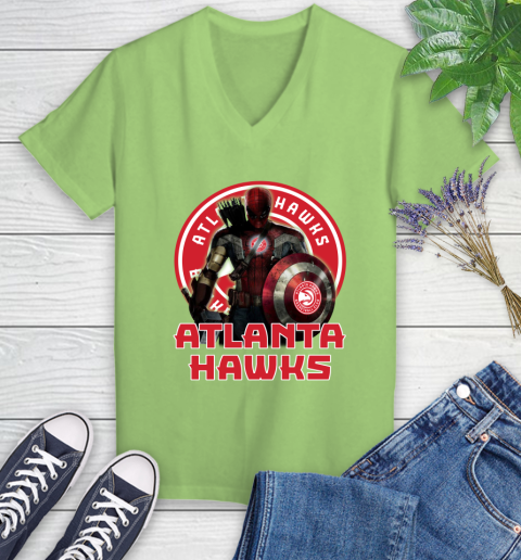 Atlanta Hawks NBA Basketball Captain America Thor Spider Man Hawkeye Avengers Women's V-Neck T-Shirt 11