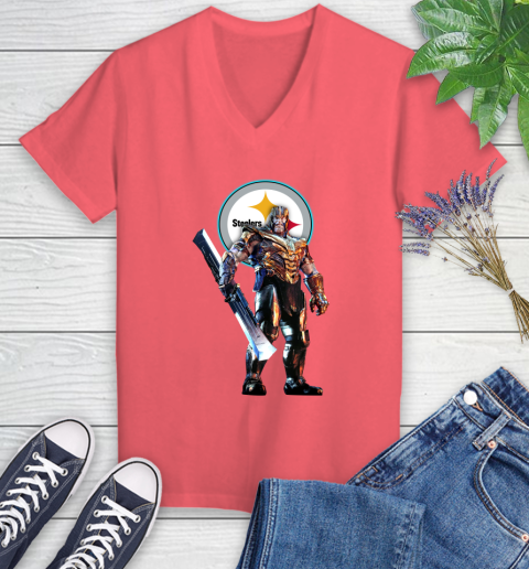 NFL Thanos Gauntlet Avengers Endgame Football Pittsburgh Steelers Women's V-Neck T-Shirt 6
