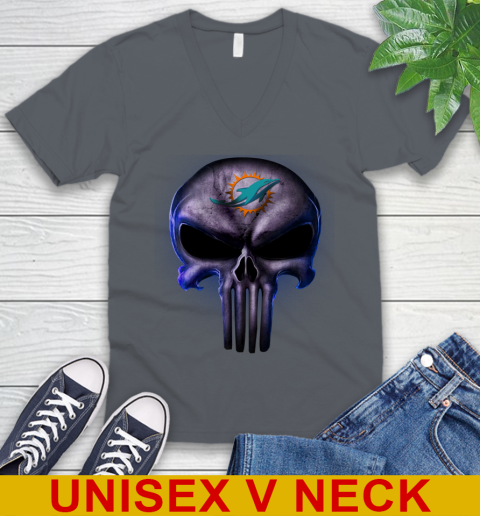 Miami Dolphins NFL Football Punisher Skull Sports V-Neck T-Shirt 4