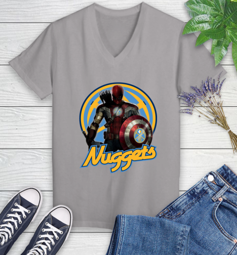 Denver Nuggets NBA Basketball Captain America Thor Spider Man Hawkeye Avengers Women's V-Neck T-Shirt 4