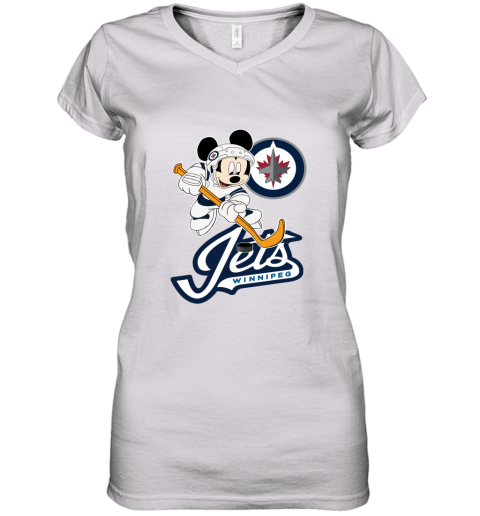 NHL Hockey Mickey Mouse Team Winniepg Jets Women's V-Neck T-Shirt