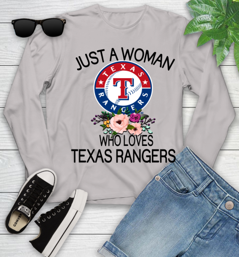 MLB Just A Woman Who Loves Texas Rangers Baseball Sports Youth Long Sleeve 9
