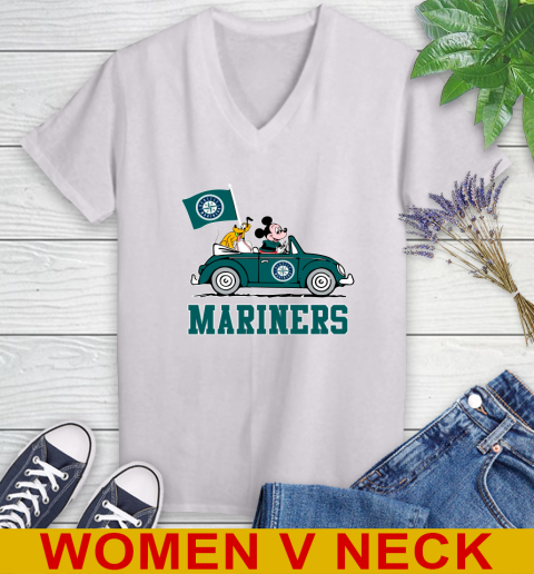 MLB Baseball Seattle Mariners Pluto Mickey Driving Disney Shirt Women's V-Neck T-Shirt