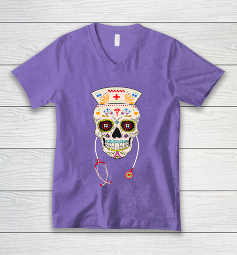Nurse Sugar Skull Shirt Halloween Day Of The Dead Dia De Los V-Neck T-Shirt 8
