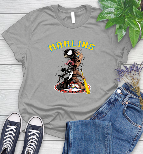MLB Miami Marlins Baseball Venom Groot Guardians Of The Galaxy Women's T-Shirt 10