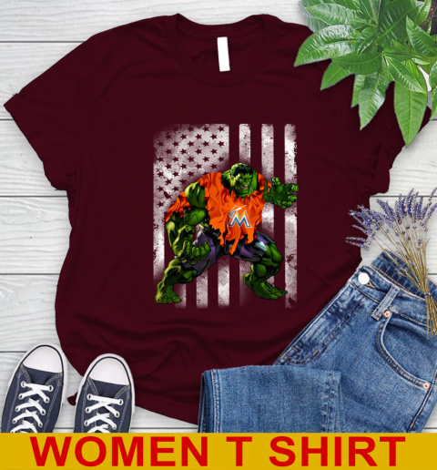 Miami Marlins Hulk Marvel Avengers MLB Baseball American Flag Women's T-Shirt 6