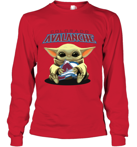 Baby Yoda Hugs The Colorado Avalanche Ice Hockey Youth Long Sleeve