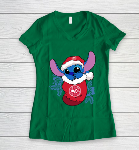 Atlanta Hawks Christmas Stitch In The Sock Funny Disney NBA Women's V-Neck T-Shirt 5