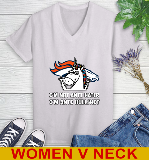 Denver Broncos NFL Football Unicorn I'm Not Anti Hater I'm Anti Bullshit Women's V-Neck T-Shirt