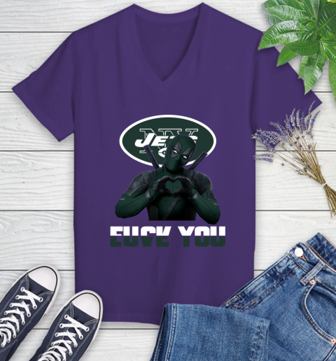 NHL New York Jets Deadpool Love You Fuck You Football Sports Women's V-Neck T-Shirt 3