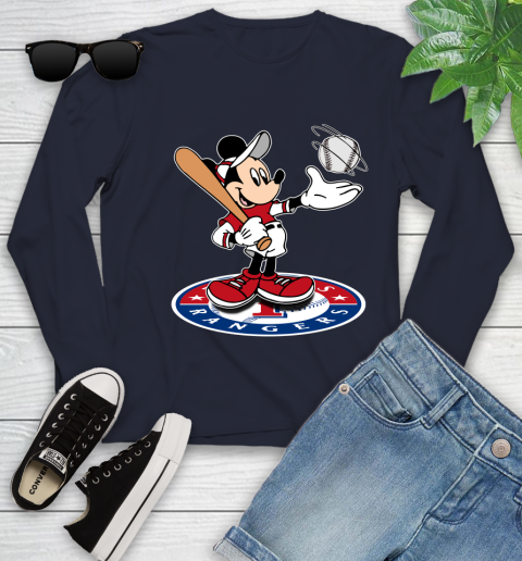 MLB Baseball Texas Rangers Cheerful Mickey Disney Shirt Youth Long Sleeve 3