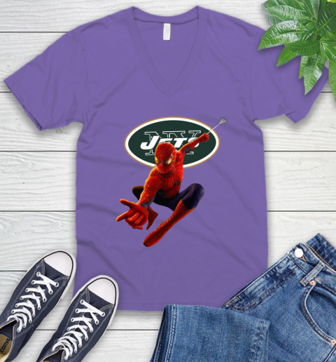 NFL Spider Man Avengers Endgame Football New York Jets V-Neck T-Shirt 9