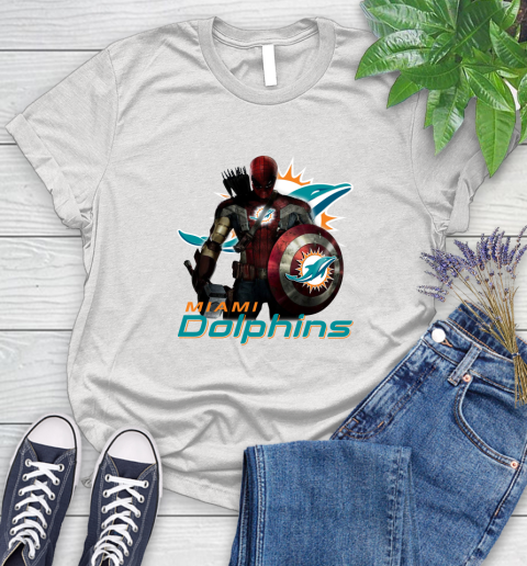 NFL Captain America Thor Spider Man Hawkeye Avengers Endgame Football Miami Dolphins Women's T-Shirt