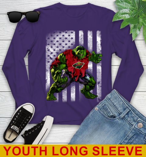 Minnesota Wild Hulk Marvel Avengers NHL Hockey American Flag Youth Long Sleeve 4