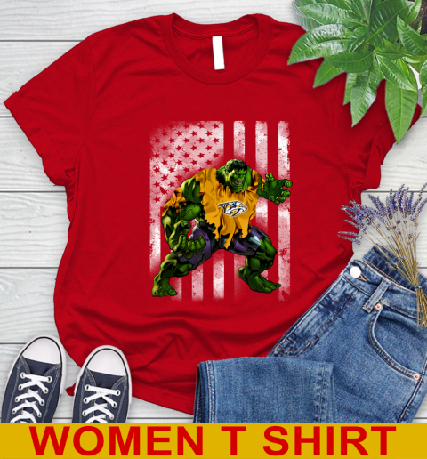 Nashville Predators Hulk Marvel Avengers NHL Hockey American Flag Women's T-Shirt 11