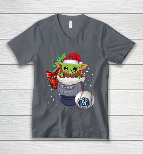 New York Yankees Christmas Baby Yoda Star Wars Funny Happy MLB V-Neck T-Shirt 5