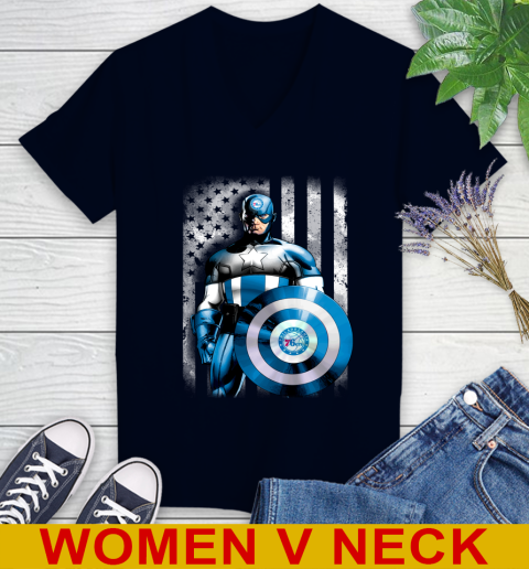 Philadelphia 76ers NBA Basketball Captain America Marvel Avengers American Flag Shirt Women's V-Neck T-Shirt 2