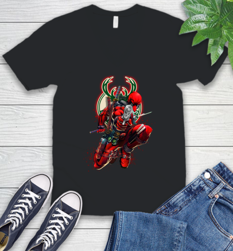 NBA Deadpool Marvel Comics Sports Basketball Milwaukee Bucks V-Neck T-Shirt 2