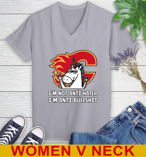 Calgary Flames NHL Hockey Unicorn I'm Not Anti Hater I'm Anti Bullshit Women's V-Neck T-Shirt 5