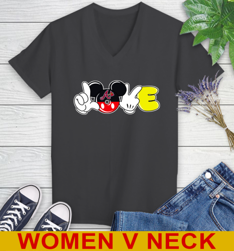 Atlanta Braves MLB Baseball Love Mickey Disney Sports Women's V-Neck T-Shirt 9