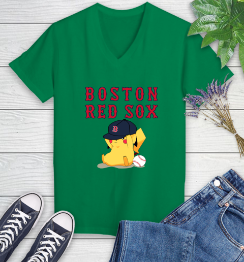 MLB Pikachu Baseball Sports Boston Red Sox Women's V-Neck T-Shirt 5