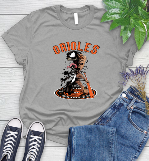 MLB Baltimore Orioles Baseball Venom Groot Guardians Of The Galaxy Women's T-Shirt 10