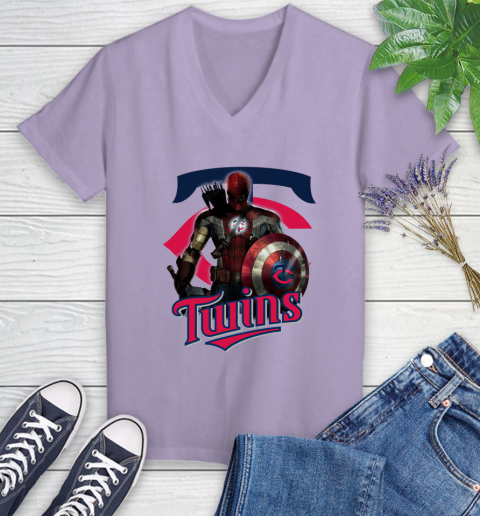 MLB Captain America Thor Spider Man Hawkeye Avengers Endgame Baseball Minnesota Twins Women's V-Neck T-Shirt 14