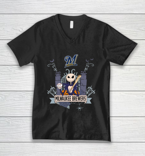 MLB Milwaukee Brewers Baseball Jack Skellington Halloween V-Neck T-Shirt