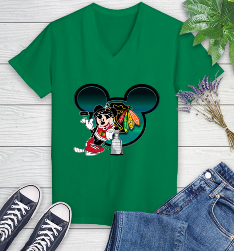 NHL Chicago Blackhawks Stanley Cup Mickey Mouse Disney Hockey T Shirt Women's V-Neck T-Shirt 5