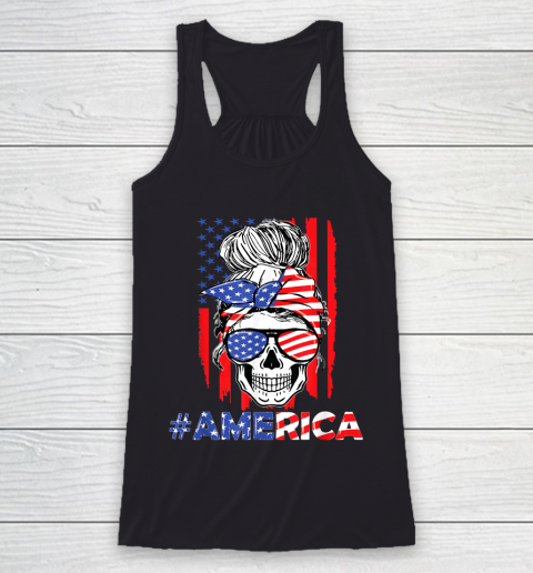 Independence Day Merica Messy Bun Skull 4th Of July American Flag Racerback Tank