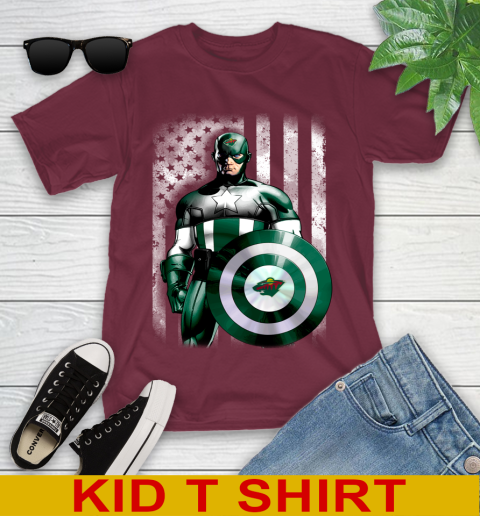 Minnesota Wild NHL Hockey Captain America Marvel Avengers American Flag Shirt Youth T-Shirt - Image 6