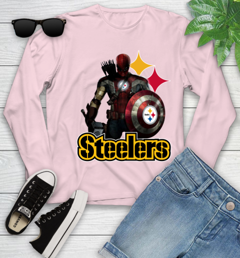 NFL Captain America Thor Spider Man Hawkeye Avengers Endgame Football Pittsburgh Steelers Youth Long Sleeve 10