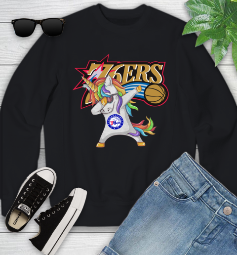 Philadelphia 76ers NBA Basketball Funny Unicorn Dabbing Sports Youth Sweatshirt 2