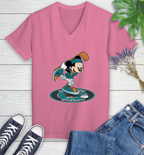 NHL Hockey San Jose Sharks Cheerful Mickey Disney Shirt Women's V-Neck T-Shirt 11