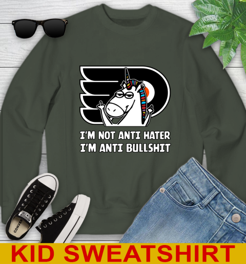 Philadelphia Flyers NHL Hockey Unicorn I'm Not Anti Hater I'm Anti Bullshit Youth Sweatshirt 9