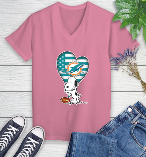Miami Dolphins NFL Football The Peanuts Movie Adorable Snoopy Women's V-Neck T-Shirt 13