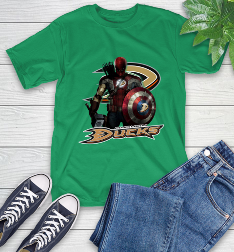NHL Captain America Thor Spider Man Hawkeye Avengers Endgame Hockey Anaheim Ducks T-Shirt 7